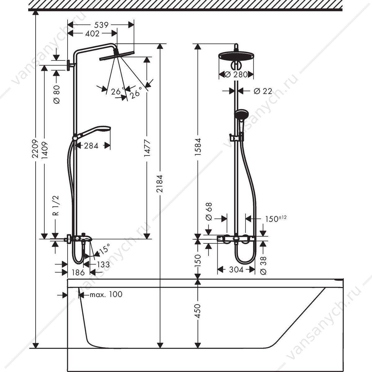 Душевая система с термостатом для ванны HANSGROHE Croma Select 280 1jet showerpipe 26792000 HANSGROHE (Германия) купить в Тюмени (Ван Саныч™)