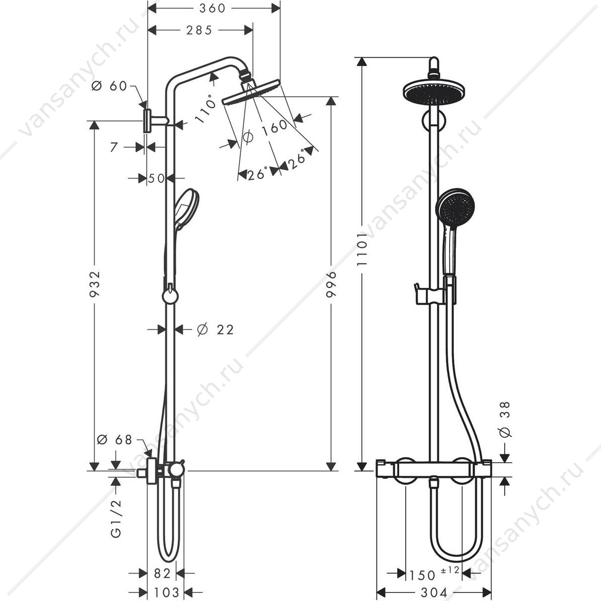 Душевая система с термостатом HANSGROHE Croma Showerpipe 160, 27135000 HANSGROHE (Германия) купить в Тюмени (Ван Саныч™)