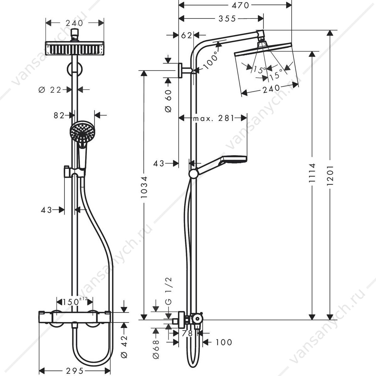Душевая система с термостатом HANSGROHE Crometta Е 240 1jet Showerpipe 27271000 HANSGROHE (Германия) купить в Тюмени (Ван Саныч™)