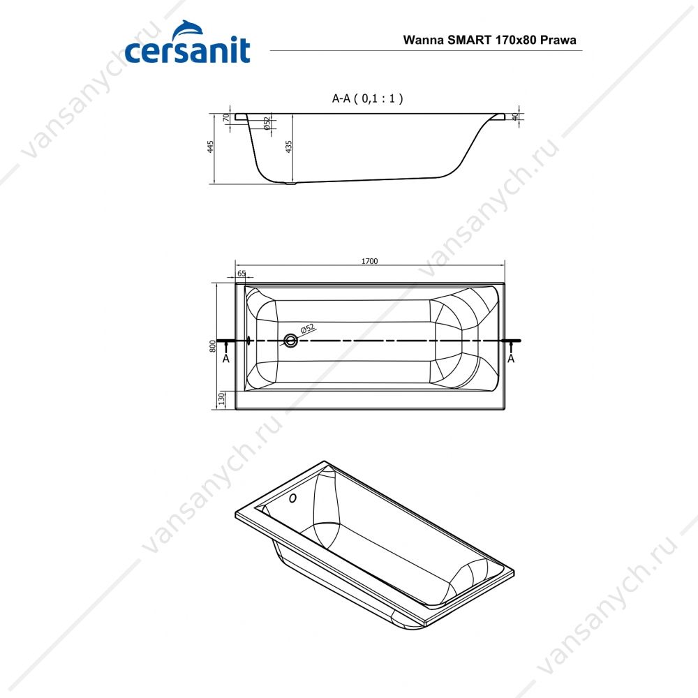 4144835 Ванна акриловая CERSANIT SMART 170x80 правая  Cersanit (Польша) купить в Тюмени (Ван Саныч™)