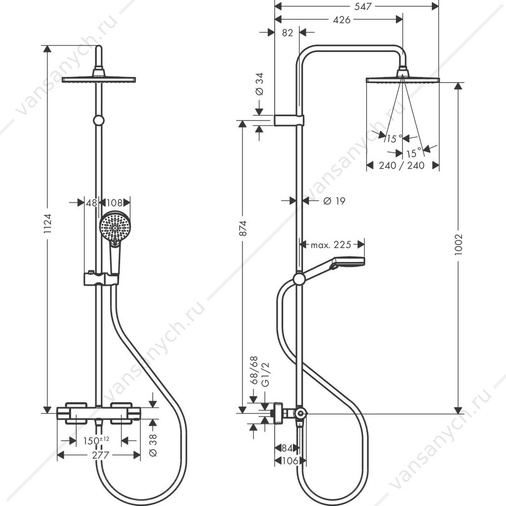 Душевая система термостат. для душа HG Vernis Shape Showerpipe 240 черный 26427670 HANSGROHE (Германия) купить в Тюмени (Ван Саныч™)
