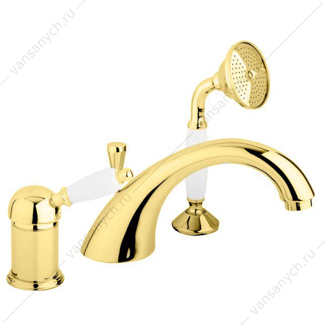 Смеситель на борт ванны с выдвижным душем CEZARES ELITE-BVDM золото 24 карат ручка белая Cezares (Италия) купить в Тюмени (Ван Саныч™)