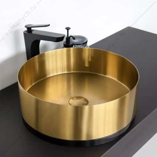 Раковина 40см из нерж. стали накладная Comforty CF8WBTD39K круглая, золото с чёрной юбкой, с донным клапаном Comforty (Россия) купить в Тюмени (Ван Саныч™)