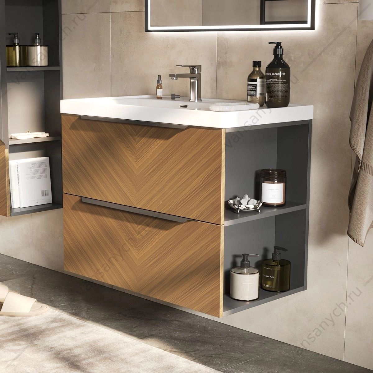 УТ000039043 Тумба 80 с раковиной подвесная EQUIL FOREST 80.2Y, tpFOREST80.2Y-31, орех,  раковина 9080TL EQUIL (Россия) купить в Тюмени (Ван Саныч™)