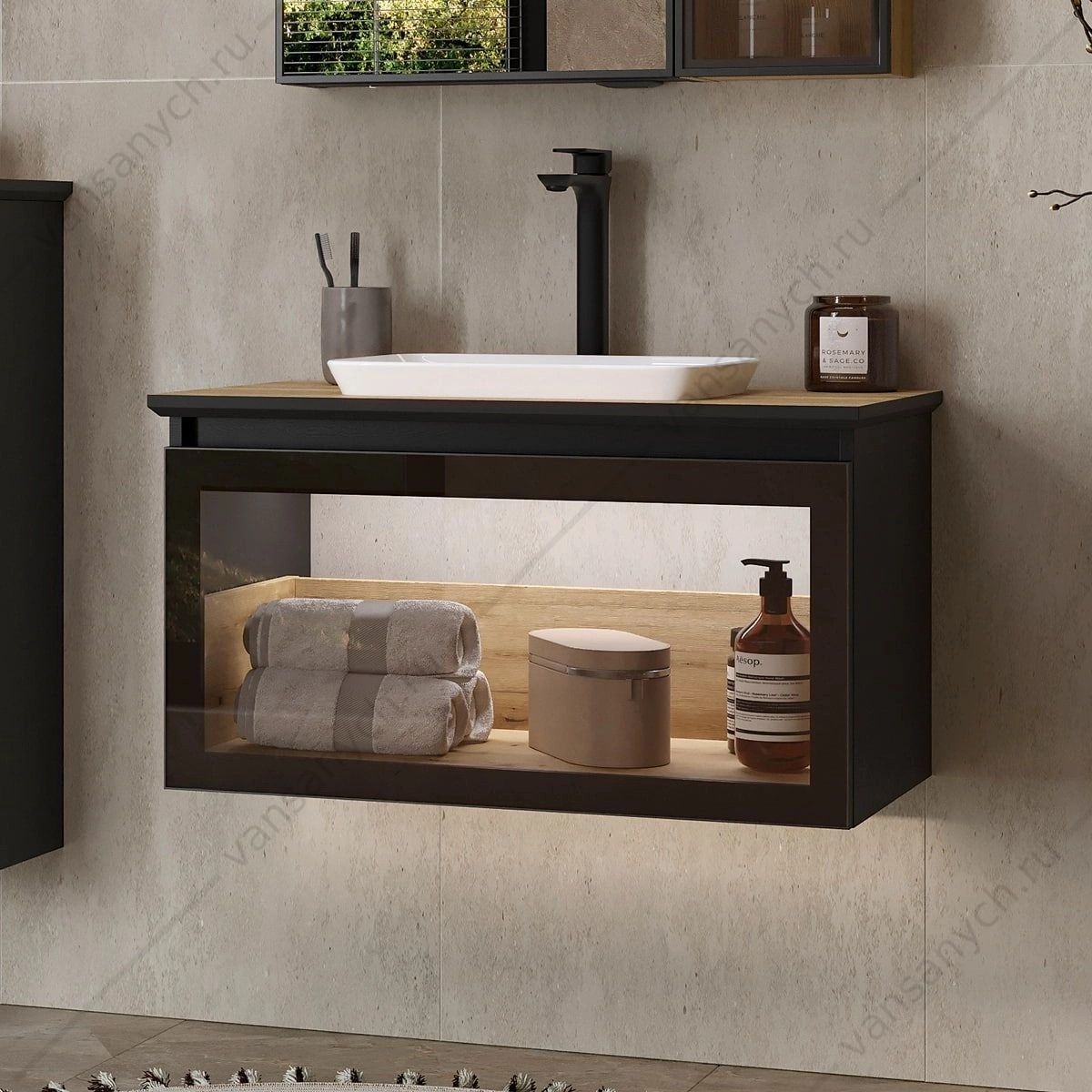 УТ000039047 Тумба 80 с раковиной подвесная со столешницей EQUIL Strong 80.1Y, tpSTRONG80.1Y-35.36, дуб черный/дуб эвок, раковина E408D EQUIL (Россия) купить в Тюмени (Ван Саныч™)