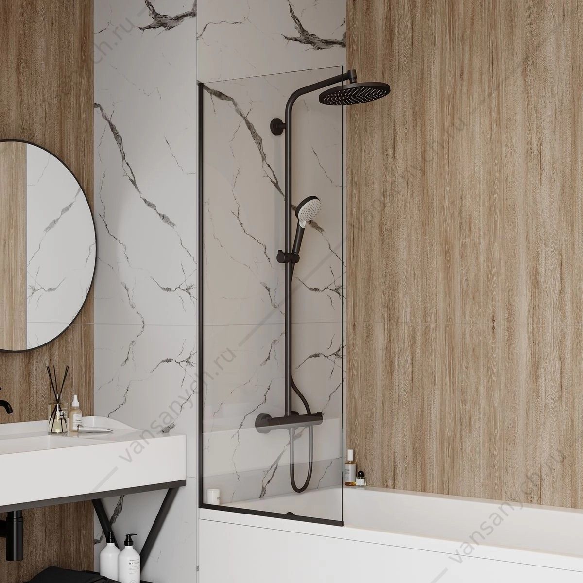 УТ000038978 Шторка 60х140 на ванну Watersense Paula W00211 прозр. стекло, профиль черный матовый Watersense (Италия/Китай) купить в Тюмени (Ван Саныч™)